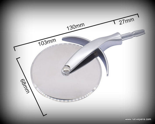 Pizza cutter with measurements on a gray background