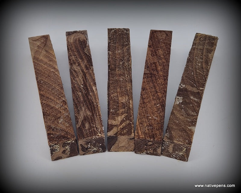 Alburnum Walnut stabilized pen blanks shown in a fan of five