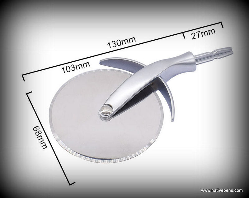 Pizza cutter with measurements on a gray background