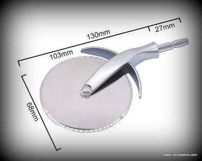 Pizza cutter with measurements on a gray background